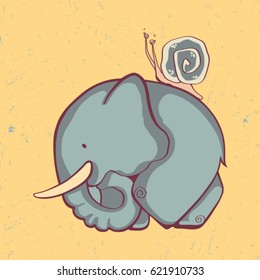 Huge elephant with a tiny snail on the back. Big and small concept. Vector illustration. Vintage style