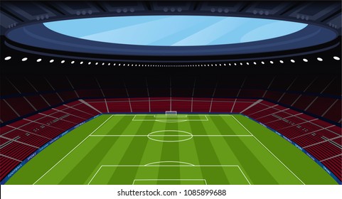 A huge empty soccer stadium in clear weather. View of whole football pitch from top seats in spectator area. Realistic style. Vector illustration