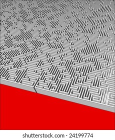 huge and endless labyrinth of walls or maze labyrinth with one entrance and no exit from the labyrinth on the red ground with copyspace area 