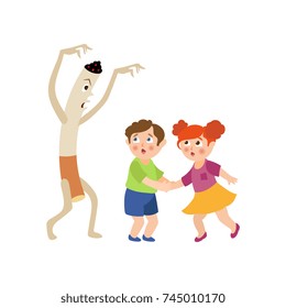Huge evil cigarette frightening, scaring little kids, passive smoking concept, cartoon vector illustration isolated on white background. Giant cigarette scaring little kids, children, boy and girl