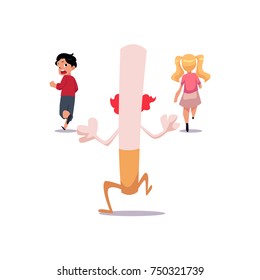 Huge evil cigarette running after two frightened kids, boy and girl, smoking as threat concept, cartoon vector illustration isolated on white background. Kids running from huge evil cigarette monster