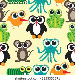 Huge eye baby characters sealmess pattern; mouse; caterpillar; bird; octopus; frog; penguin, bird