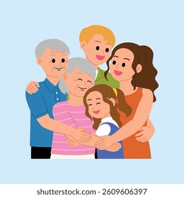 huge family embracing together with parent, grandparent, and granddaughter character vector 