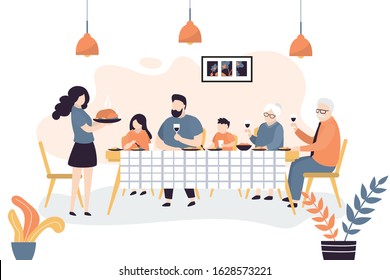 The huge family is sitting at the table. People eat together. Family portrait banner. Grandparents, parents and two children. Dining room ot kitchen interior. Trendy style vector illustration