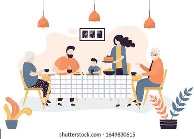 The huge family is sitting at the table. People drink tea together and eat sweets. Family portrait banner. Grandparents, parents and two children. Dining room or kitchen interior. Vector illustration