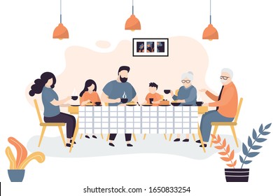 The huge family is sitting at the table. People drink tea together and eat sweets. Family portrait banner. Grandparents, parents and two children. Flat trendy vector illustration