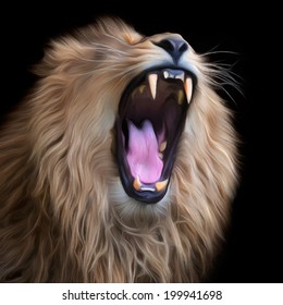 Huge fangs of Asian lion, isolated on black background. King of beasts, biggest cat of the world. The most dangerous predator of world with open chaps. Square vector image in oil painting style.