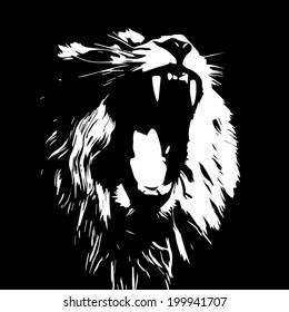 Huge fangs of an Asian lion, isolated on black background. The King of beasts, biggest cat of the world. The most dangerous predator of the world with open chaps. Black and white vector image.