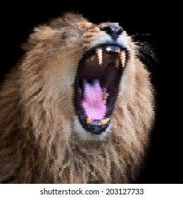 Huge fangs of an Asian lion, isolated on black background. King of beasts, the biggest cat of the world. The most dangerous predator of the world with open chaps. Amazing square scaly vector image.