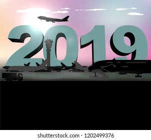 huge figures 2019 on the background of the airport