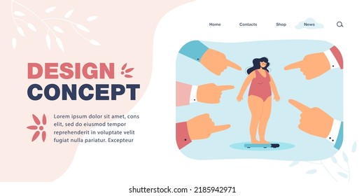 Huge fingers pointing at fat woman flat vector illustration. Society blaming and bullying depressed obese girl. Obesity, social pressure concept for banner, website design or landing web page