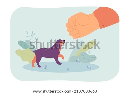 Huge fist threatening tiny dog flat vector illustration. Owner punishing pet for misbehaving or failing to obey command. Discipline, control concept for banner, website design or landing web page