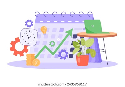 Gira el calendario y la flecha hacia arriba. Ilustración vectorial. Reloj, mesa con ordenador portátil, pila de monedas, bombilla, ruedas de engranaje. Mejora del concepto de productividad de los trabajadores 