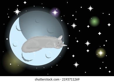 Enorme gato gris esponjoso duerme en la ilustración del vector de la luna
