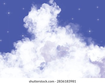 Huge fluffy white cloud towering under deep blue sky with bright shining stars illustration