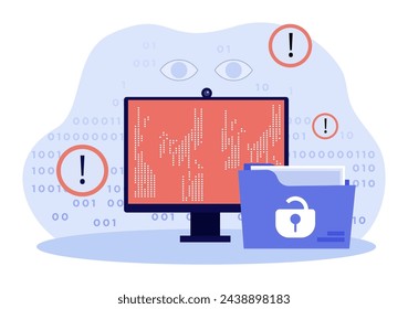 Huge folder with personal data and warning signs. Vector illustration. Computer, folder with open padlock, thiefs eyes on background. Identity theft  due to cyber attack, data security concept