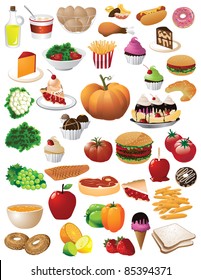 HUGE food collection 40 different detailed foods isolated on a white background. EPS 8 vector with no open shapes, strokes, or transparencies, grouped for easy editing.