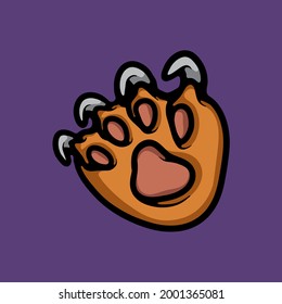 Huge foot with big paw and claw. Animal  foot vector concept. Illustration isolated on purple background