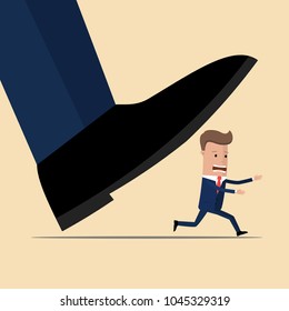 Huge foot of corporate business trying to smash small running businessman. Corporate vs small business competition concept. Vector illustration