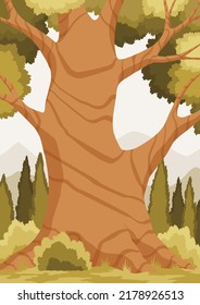Huge forest tree. Place to arranging cozy homes for wiled animals. Deciduous forest plant. Tree with lush crown. Vector Illustration