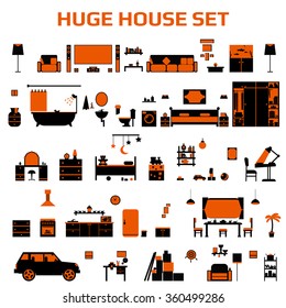 Huge furniture set in flat design in black and orange colors on white background. Vector illustration