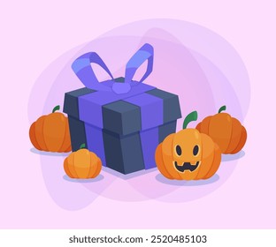 Huge gift box with bow among pumpkins on abstract background. Halloween banner design. Celebration, holiday, party, present concept. Vector illustration for postcard or poster