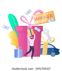 Huge gift box and car with ribbons, happy man, lucky prize winner with gift box, flat vector illustration. Raffle, lottery game winner, prize draw concept.