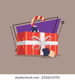 Huge gift box with cushions, socks and Christmas candy flat vector illustration. New Year, Xmas, holiday, celebration, presents concept for banner or website design