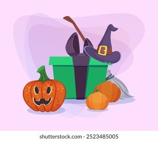 Caja de regalo enorme, sombrero de bruja y escoba, jack-o-lantern y calabazas en fondo abstracto. Diseño de Anuncio de Halloween. Celebración, día de fiesta, concepto de fiesta. Ilustración vectorial para invitación o cartel