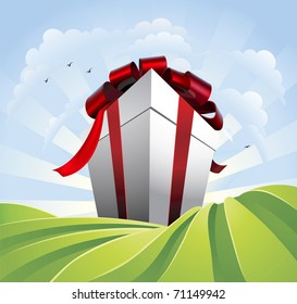 A huge gift. Conceptual illustration of a huge present with bow towering over fields. Could represent a massive sale or bargain.