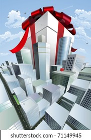 A huge gift. Conceptual illustration of a huge present with bow towering over a city. Could represent a massive sale or bargain.