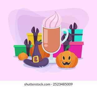 Enorme copo de vidro com bebida em café, chapéu de bruxa, abóboras e caixas de presente no fundo abstrato. Design de banner de Halloween. Celebração, conceito de feriado. Ilustração vetorial para convite ou cartaz