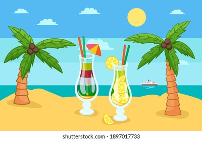 Huge glass with exotic cocktail on the tropical beach with palm trees in sunny day vector illustration. Seaside vacation concept, a trip to a warm southern country, rest and relaxation, sea tourism