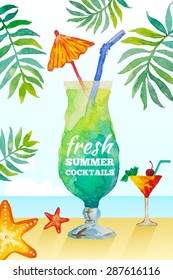 Huge glass with an exotic cocktail on the beach. Against the backdrop of palm trees, starfish, a small glass with a cocktail, sand, sea and sky. Watercolor painting technique. Vector illustration.