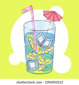 Huge glass with exotic cocktail and summer greeting on the tropical beach - vector illustration