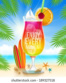 Huge Glass With Exotic Cocktail And Summer Greeting On The Tropical Beach - Vector Illustration