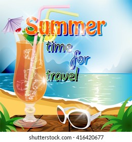 Huge glass with exotic cocktail and summer greeting on the tropical beach - vector illustration