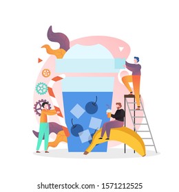 Huge glass of fresh organic fruit smoothie with blueberry, banana and ice cubes, micro characters making and drinking cocktail, vector illustration. Healthy breakfast or snack concept for website page