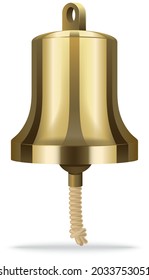 Huge golden pirate ship bell with rope designed for hand use. Ancient technology for signaling from ship to shore. Metal percussion musical and signal instrument for yacht, attribute of sea travel