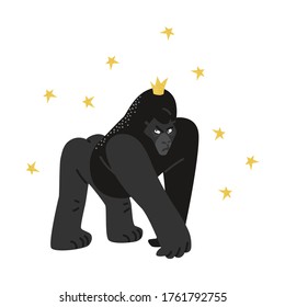 A huge gorilla standing in a menacing pose with a golden crown on its head. Funny cartoon character in a flat style.