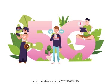 Enorme gradiente texto 5G y personas con estilo plano gadget, ilustración vectorial aislada en fondo blanco. Hombres y mujeres que usan modernas tecnologías 5G para ver video, charlar y descargar