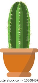 Huge green cactus plant vector illustration in brown flower pot isolated on white background