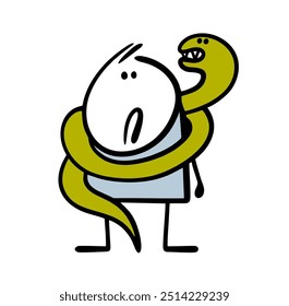 Huge green snake attacked the unfortunate stickman, wrapped around his body and strangled him by neck. Vector illustration of a man trapped. The Chinese symbol of the new year. Wild, dangerous animal.