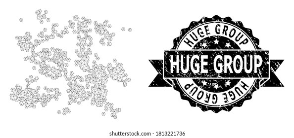 Huge Group rubber seal and vector particle swarm mesh structure. Black stamp seal has Huge Group caption inside ribbon and rosette. Abstract 2d mesh particle swarm, designed with flat mesh.