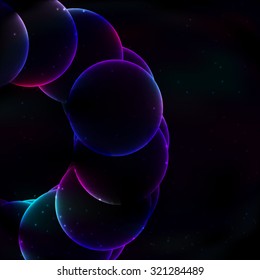 Huge half circle, consisting of many small transparent, glowing purple bubbles circles on a background of outer space in retro style. All isolated.