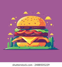 Huge hamburger on green grass, vector illustration