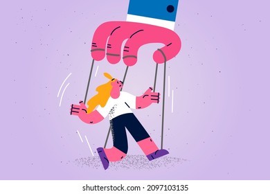Huge hand control woman puppet on ropes. Businesswoman controlled by authoritative boss or powerful leader. Manipulation and command. Dependence and influence. Vector illustration. 