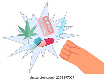 Huge hand and different drugs vector illustration. Cartoon drawing of person fighting against drug addiction, blisters, pills, syringe, cannabis leaf. Drugs, danger, health, addiction concept