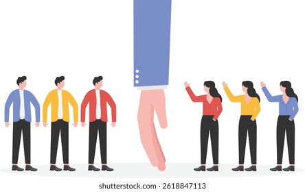 Huge hand divides men and women into two groups, gender issue sexism, feminism

