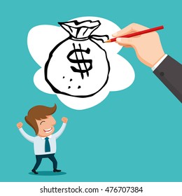Huge hand drawing money bag show businessman, vector illustration cartoon